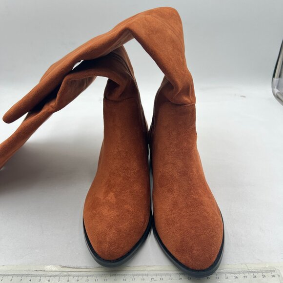 Brown Suede Almond Toe Low Heel Stretchy Long Boot Side Zipper Knee High Boots - Picture 1 of 8